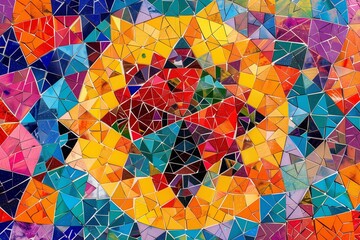 Wall Mural - A mosaic of colorful, geometric patterns with vibrant hues and intricate details.