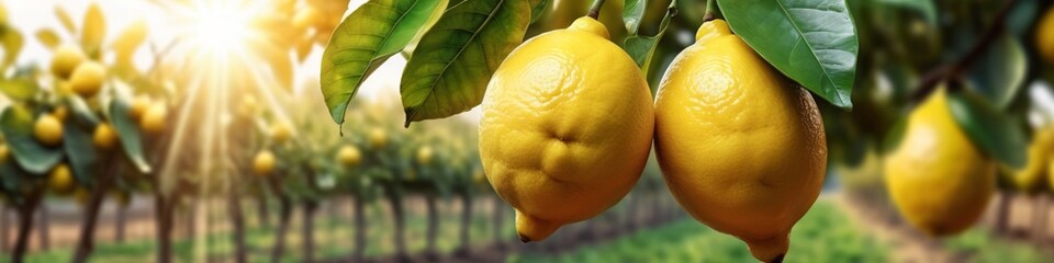 Bunches of fresh yellow ripe lemons on lemon tree branches in garden