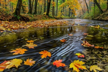 Wall Mural - A serene river winding through a forest in autumn, with colorful leaves floating on the water.