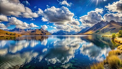 Wall Mural - Panoramic view of tranquil lake surrounded by mountains under a blue cloudy sky, nature, landscape, scenery, mountains, lake