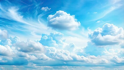 Wall Mural - light pastel blue sky with fluffy clouds , serene, peaceful, tranquil, calming, nature, sky, clouds,