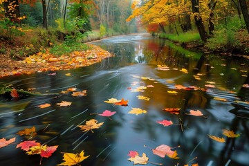 Wall Mural - A serene river winding through a forest in autumn, with colorful leaves floating on the water.