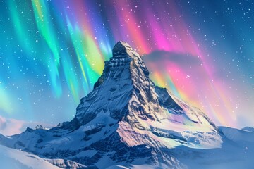 Wall Mural - A snowy mountain peak under a clear blue sky with colorful auroras in the background.