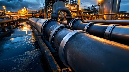 A large pipe is shown with a dark blue background. The pipe is surrounded by water and has a yellow light shining on it. Scene is somewhat ominous and foreboding, as the dark blue background