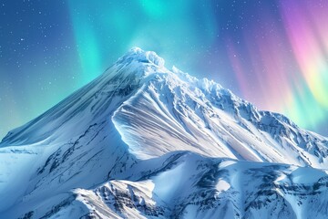 Wall Mural - A snowy mountain peak under a clear blue sky with colorful auroras in the background.