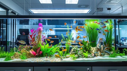 Wall Mural - A modern office with a large aquarium, featuring colorful fish, aquatic plants, and ambient lighting for a calming effect