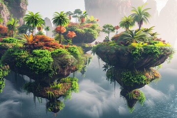 Wall Mural - A surreal landscape with floating islands, each covered in lush, multicolored vegetation.