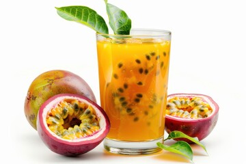 Wall Mural - Passion fruit juice closeup with slice and leaf on white background Healthy beverage concept