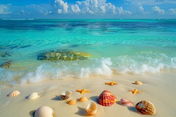 Wall Mural - A tropical beach with turquoise waters, a colorful coral reef visible beneath the waves, and vibrant seashells scattered on the sandy shore.