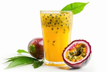 Passionfruit juice with slice and leaf on white background Concept of healthy drink