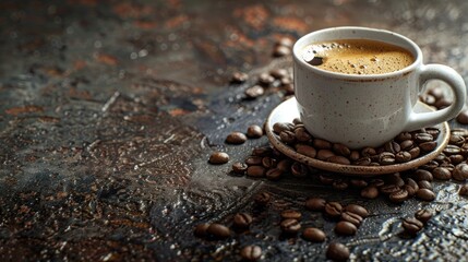 Wall Mural - Coffee cup beans on rustic table room for text