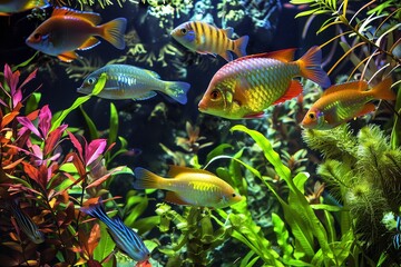 Wall Mural - A tropical fish tank with a variety of vividly colored fish swimming among the plants.