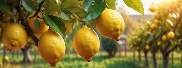 Bunches of fresh yellow ripe lemons on lemon tree branches in garden