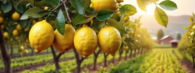 Bunches of fresh yellow ripe lemons on lemon tree branches in garden