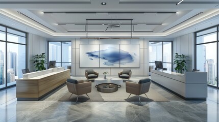 Wall Mural - A panoramic view of a modern office with two sets of corporate branding, indicating a strategic alliance