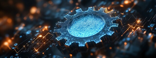  Digital 3d gear icon with binary code, artificial intelligence in system setting optimization, automation workflows, software customization options, and personalized user interfaces design 