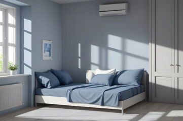 Asian-Inspired Silver and Blue Bedroom with Air Conditioning