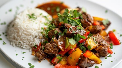 Wall Mural - A plate of food with rice and meat