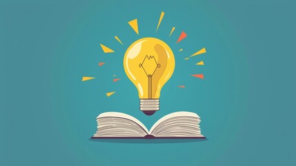 Wall Mural - Light bulb with a book, knowledge and ideas fueling growth, flat design illustration, 