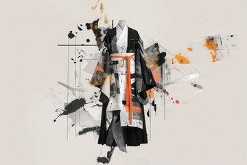 Poster - A black and orange kimono is displayed on a white background