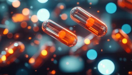 Two Glass Capsules with Orange Liquid Against Abstract Bokeh Background