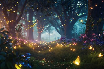 Wall Mural - An enchanted forest at dusk with glowing, multicolored fireflies.