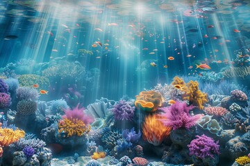 Wall Mural - An underwater coral reef scene with colorful corals, vibrant fish, and shimmering light beams filtering through the water.