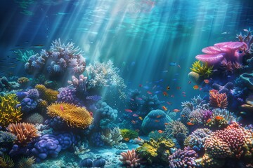 Wall Mural - An underwater coral reef scene with colorful corals, vibrant fish, and shimmering light beams filtering through the water.