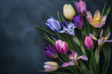 Wall Mural - abstract bouquet of flowers on a dark background. tulips and irises. spring foliage.