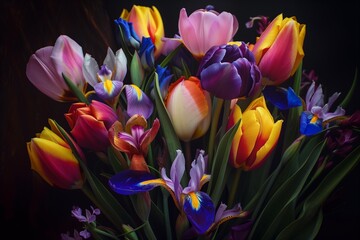 Wall Mural - abstract bouquet of flowers on a dark background. tulips and irises. spring foliage.