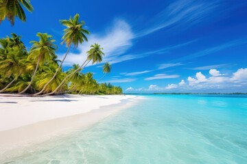 A beautiful tropical beach, coconut palms by the sea with turquoise water, a paradise island, a seaside resort. Summer background.