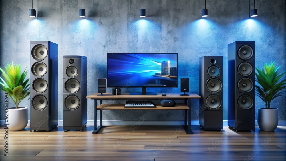 Modern computer setup with high-quality audio system, featuring sleek ...
