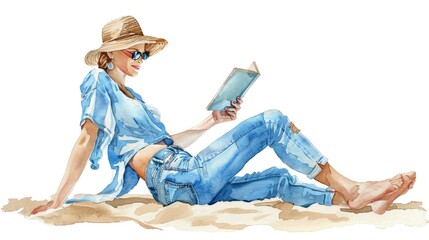 Canvas Print - woman in blue shirt and jeans sitting on the beach reading book wearing sun hat