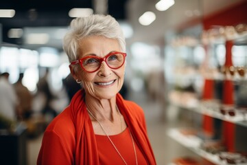 An elderly happy gray-haired woman wearing fashionable glasses.