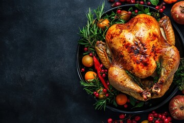 Roasted Turkey with Herbs and Cranberries on Black Background