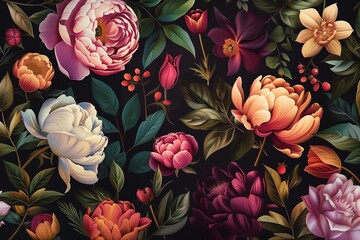 Wall Mural - Vintage floral card with garden flowers. Peonies, roses, tulips, rhododendron, leaves, decorative herbs on black background. For business cards, covers, cosmetics packaging, interior decoration, phone
