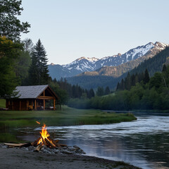 Sunset, hunter's wooden house in the green forest near the river, a bonfire is burning near the house, snowy mountains in the background, cloudless sky