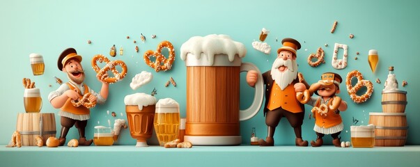 Join the Festivities of Oktoberfest: A Scene with Beer Mugs, Pretzels, and Joyful Characters Celebrating the Bavarian Tradition Together!