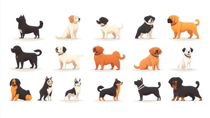 Wall Mural - Dogs doodle set in modern style. Cartoon dog or puppy characters in various poses. Pet animals in white background with flat color.