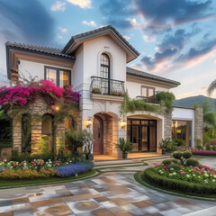 Canvas Print - arafed house with a courtyard and a flower garden