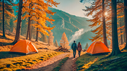 Autumn adventure happy couple, amazing mountain lake view, camp site, tent, dreamy sunny morning landscape. Beautiful nature background, autumn  pattern, hike, adventure, outdoor pursuit. AI generated