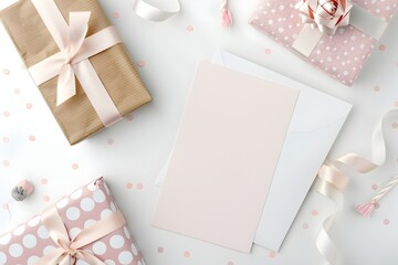 Poster - Festive Gift Boxes With Pink And White Ribbons And Confetti.