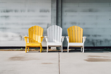 generated illustration a row of  white Adirondack and two white adirondack chair against white background