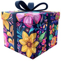 Brightly colored gift box wrapped with floral patterned paper and topped with a decorative black bow. Perfect for festive occasions.