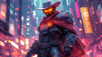 Cybernetically-Enhanced Cowboy Mech Warrior in Neon-Soaked Megacity