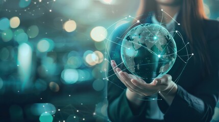 Woman holding a glowing digital globe symbolizing global network