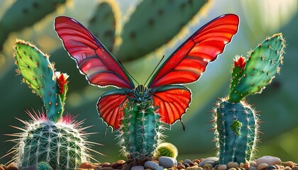 Two brightly colored butterflies perched on the cactus, with a blurred background and bright colors.