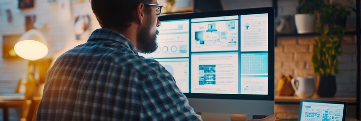 person examining a detailed website prototype on a large desktop monitor, preparing for user interfa
