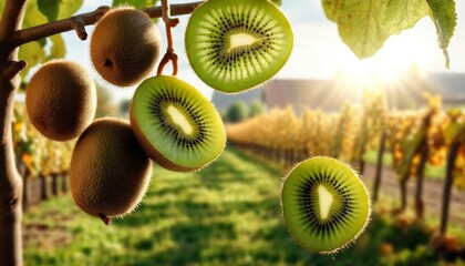 Kiwi picking season. Kiwi on a kiwi tree plantation with with huge clusters of fruits. Garden with trees and organic fruits. Solar light and leaf.