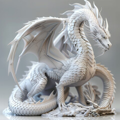 Wall Mural - there is a white dragon statue on a table with a gray background